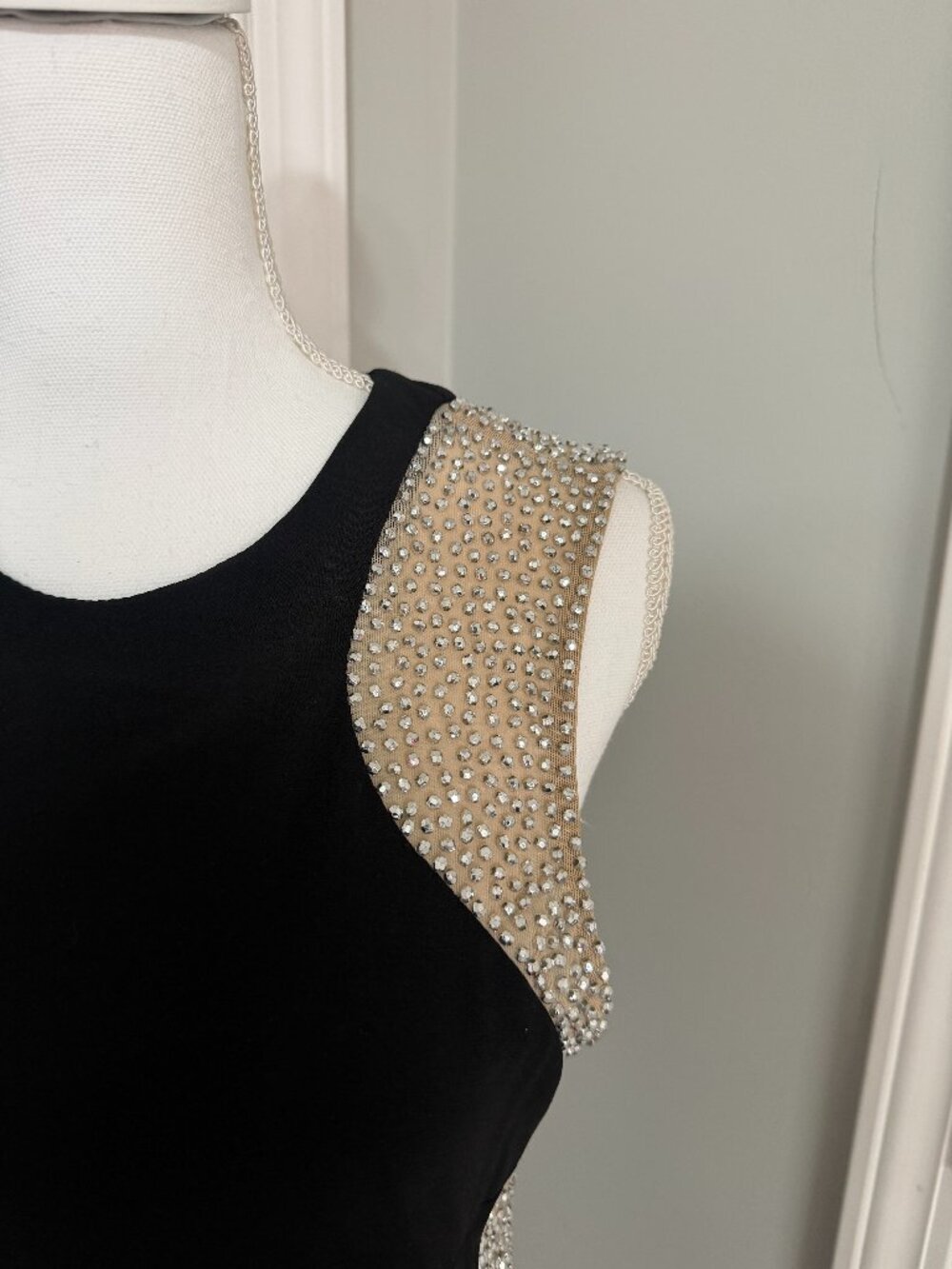 Xscape Black Cocktail Dress Size 14 Rhinestone Mesh Illusion Sheath Evening Dres